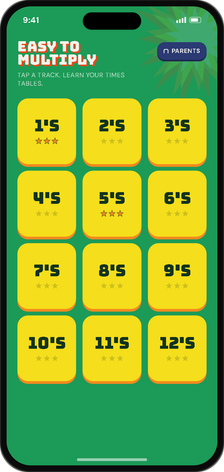 Easy to Multiply track list: a grid of yellow tiles for the 1's through 12's times tables, with stars showing progress